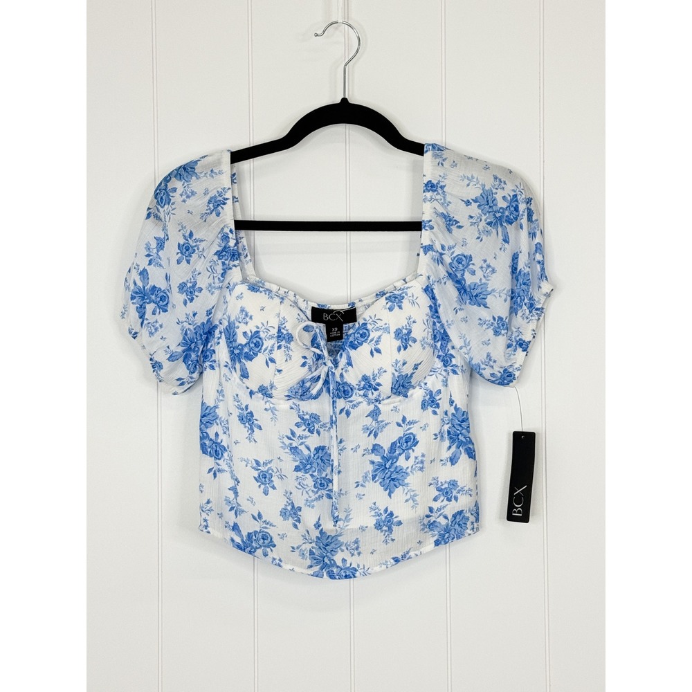 BCX Floral Puff Sleeve Smocked Blouse NWT Juniors XS White Blue Cottagecore